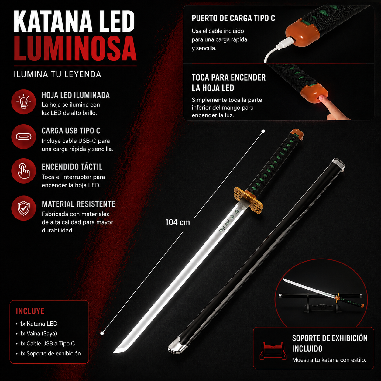 Katana Led Tokito Demon Slayer Usb Recargable